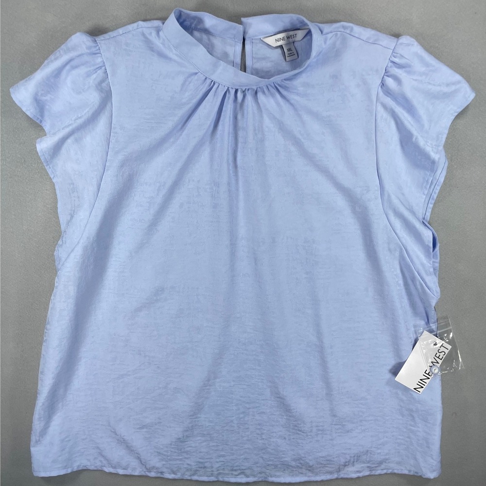 Nine West Womens Blouse Mock Neck Short Sleeve Blue Jacquard XXL